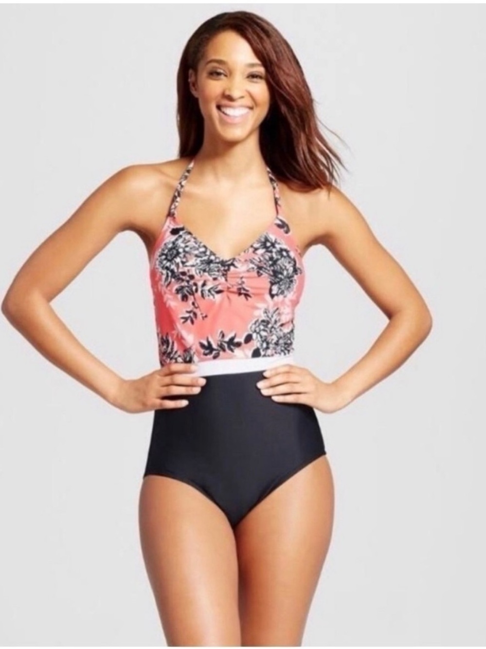 Sea angel Coral Floral Halter One-Piece Swimsuit with Black Bottom